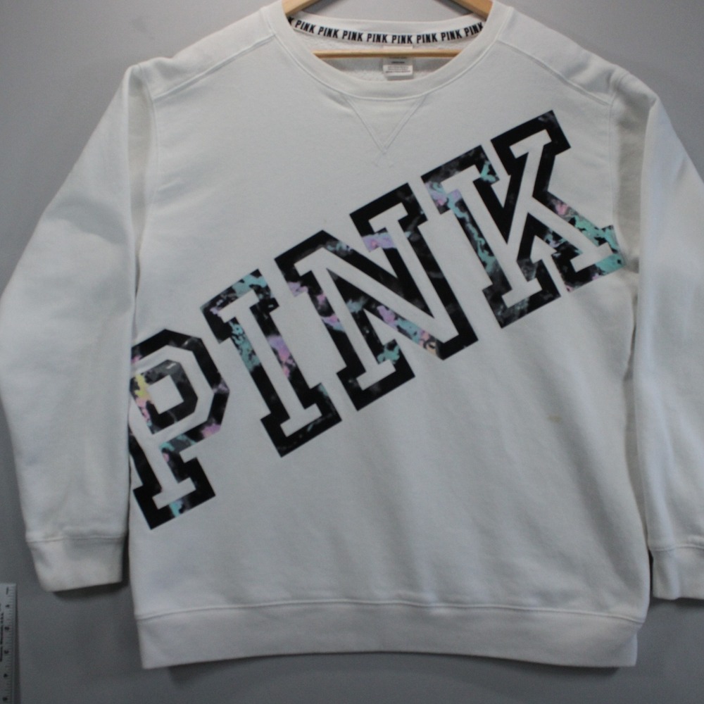 Victoria's Secret PINK L White Big Chest Spellout Crewneck Sweatshirt Streetwear